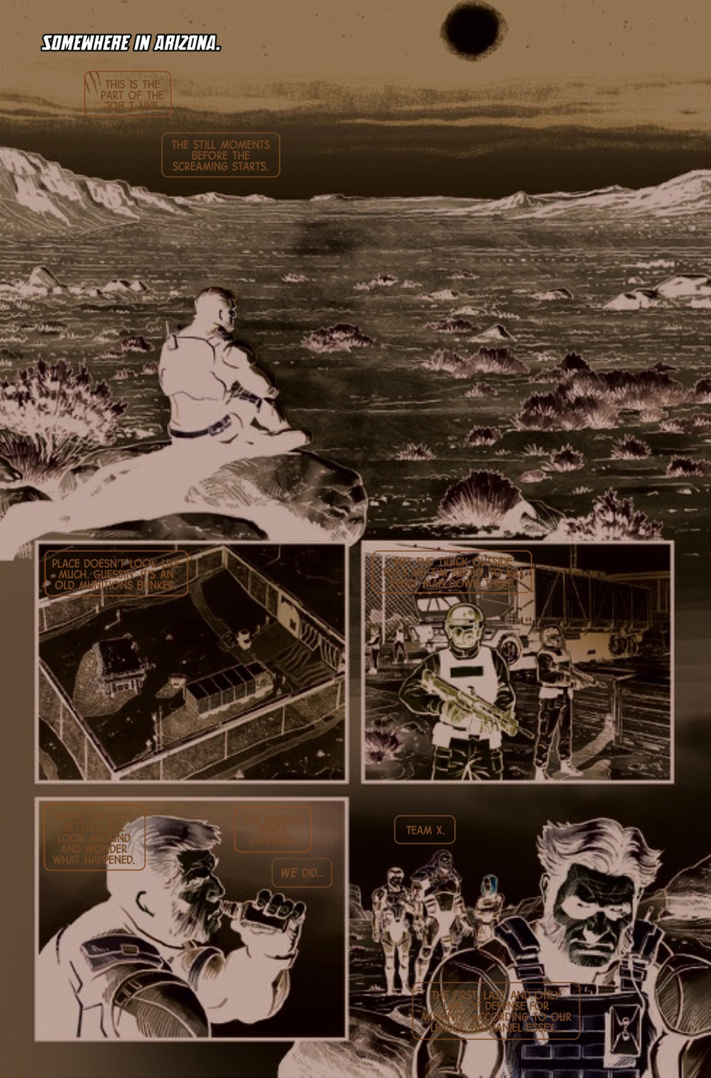 Marvel comic page shows Wolverine and Team X investigating a remote Arizona site connected to a mysterious mission.