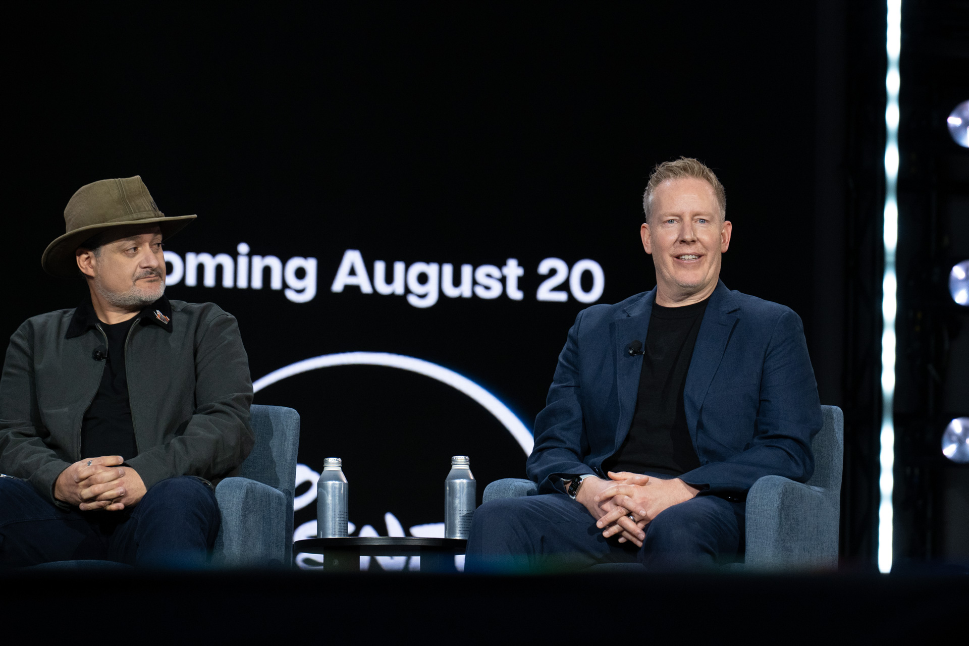From left to right, Dave Filoni, President and Chief Creative Officer of Lucasfilm, and Jared Bush, Chief Creative Officer of Walt Disney Animation Studios, sit on stage during the Disney Worldbuilders panel during D23: The Ultimate Disney Fan Event 2026.