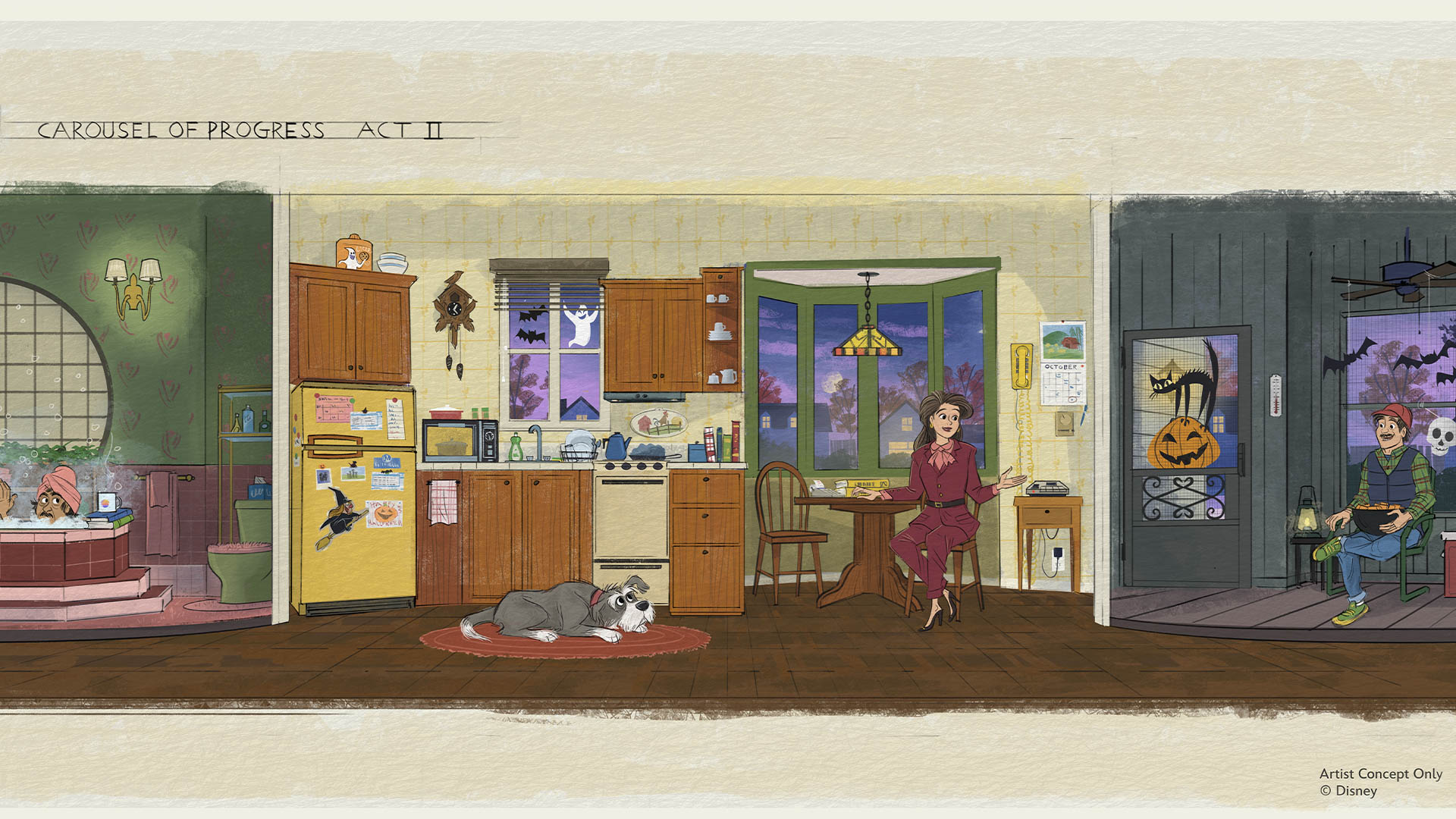 Concept artwork for an updated Carousel of Progress scene depicts a family kitchen decorated for Halloween.