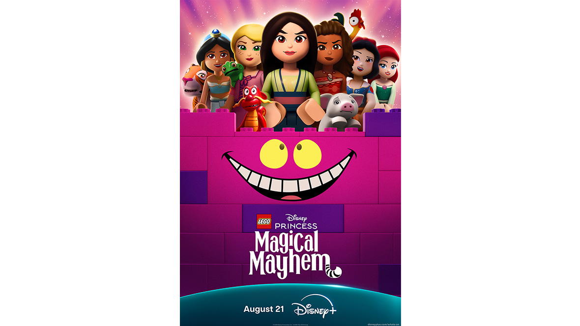 Promotional poster for LEGO Disney Princess: Magical Mayhem. Several LEGO-style Disney princess characters and animal companions stand behind a large pink LEGO wall decorated with a wide cartoon grin and yellow eyes. The central figure is positioned in front, with other characters arranged behind against a sparkling pink and purple background. Visible text includes &ldquo;LEGO Disney Princess Magical Mayhem,&rdquo; &ldquo;August 21,&rdquo; and &ldquo;Disney+.&rdquo; The design uses bright pink, purple, and teal colors and a playful toy-brick aesthetic.