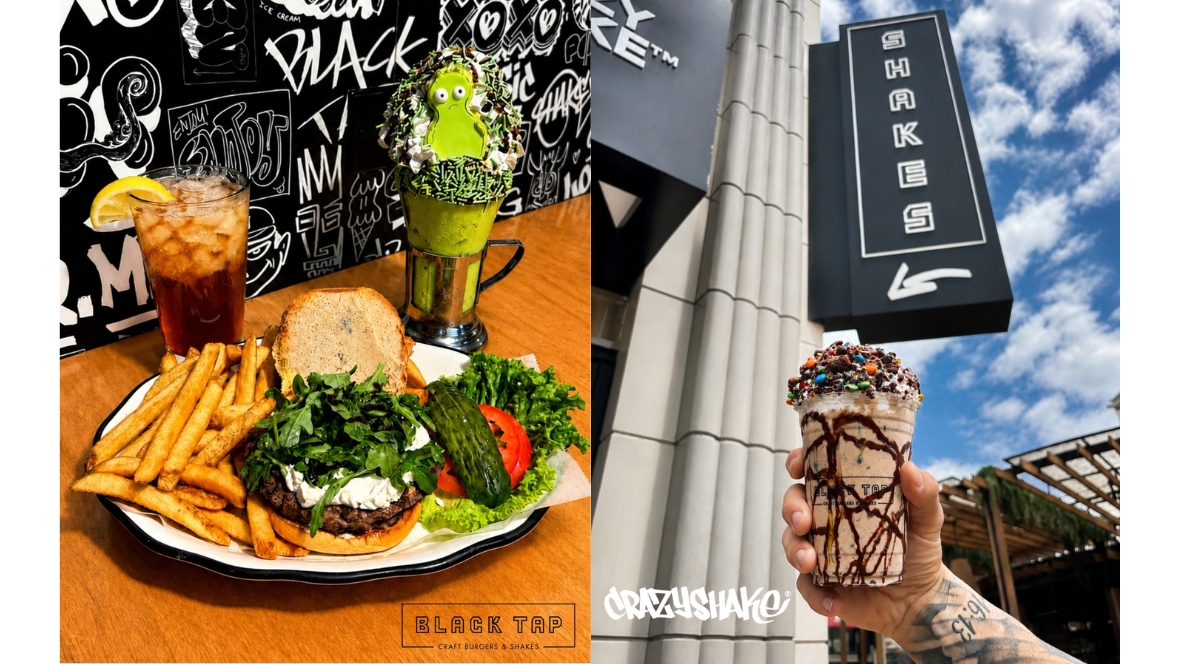 On the left, a burger, fries, iced tea, and themed shake are displayed during the Hulu Animayhem promotion at Black Tap. On the right, a hand holds a CrazyShake topped with chocolate and candy outside Black Tap during the Hulu Animayhem promotion.