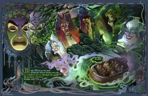 Concept artwork for a Villains Land attraction features Disney villains including Jafar, Scar, Ursula, and the Magic Mirror.