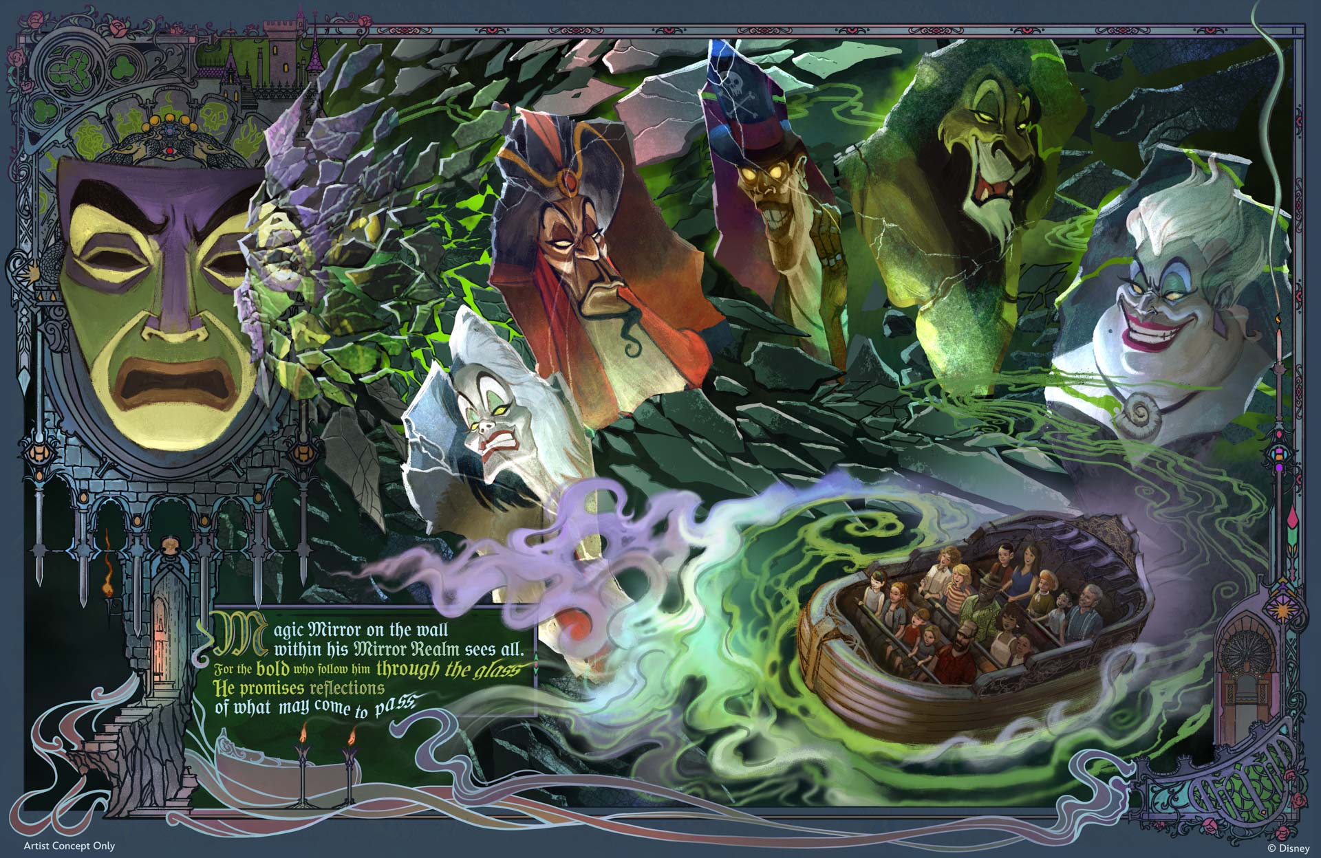 Concept artwork for a Villains Land attraction features Disney villains including Jafar, Scar, Ursula, and the Magic Mirror.