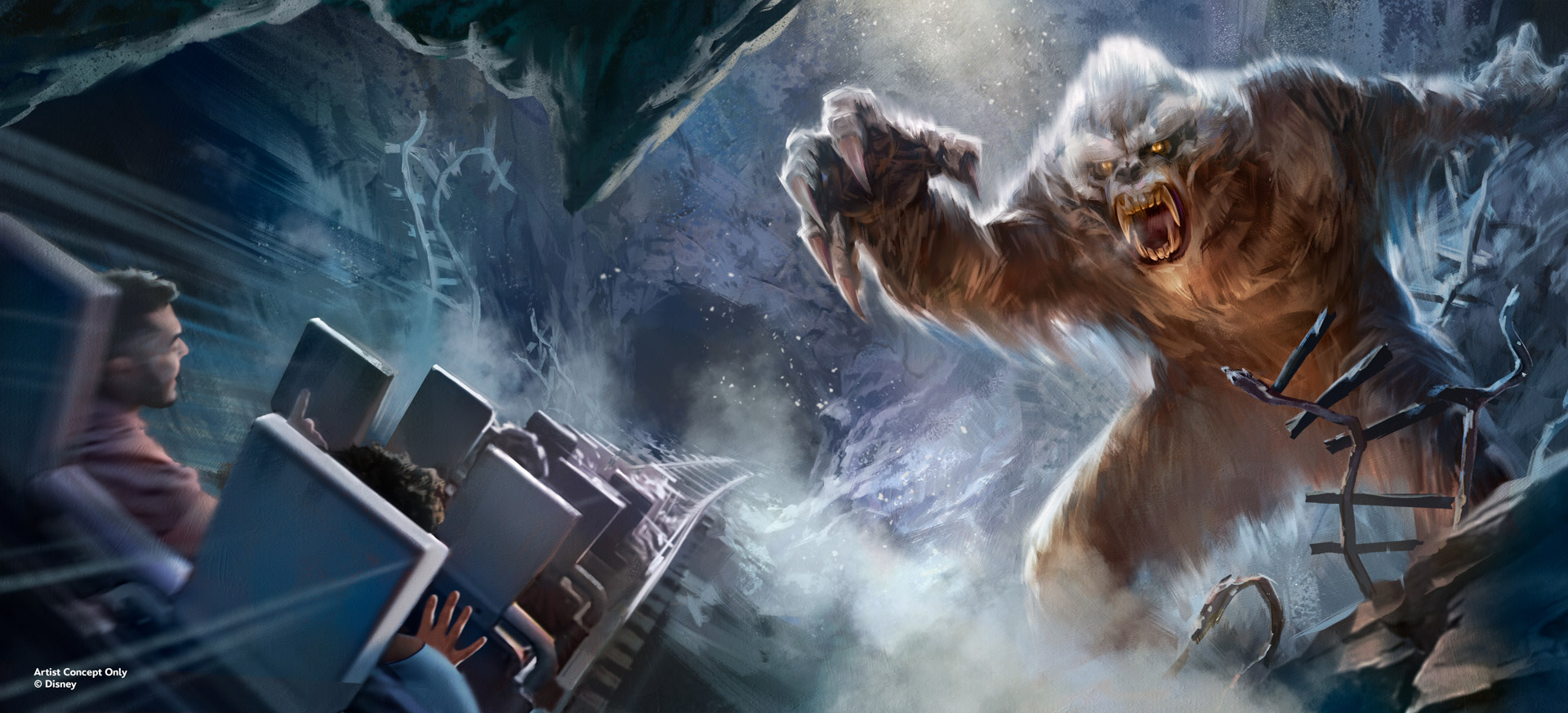 Concept artwork for Expedition Everest: Legend of the Forbidden Mountain shows a Yeti lunging toward a speeding roller coaster train.