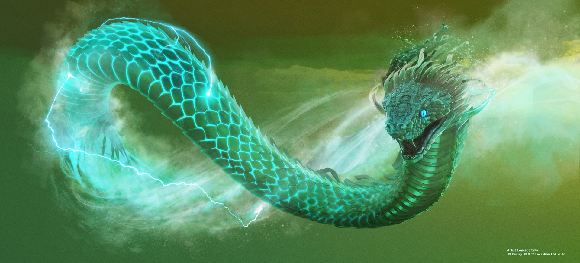 Concept artwork for Indiana Jones and the Myth of the Jade Serpent features the glowing Jade Serpent emerging from swirling storm clouds.