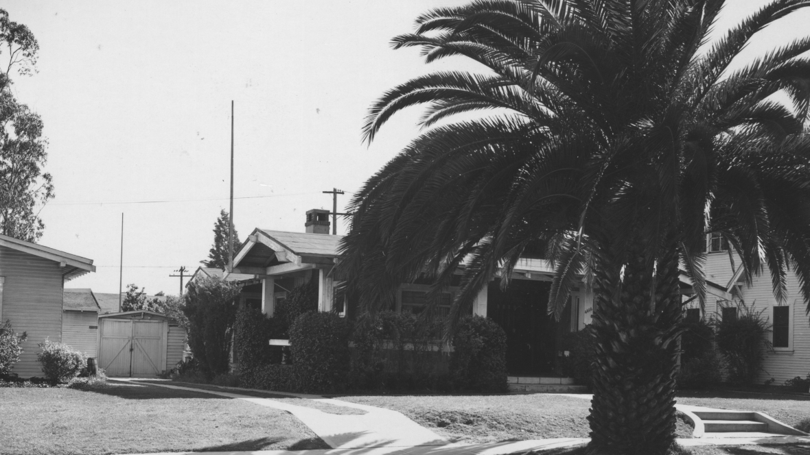 A black-and-white image of Walt and Roy Disney’s uncle Robert’s house on Kingswell Avenue in the Los Feliz neighborhood of Los Angeles.