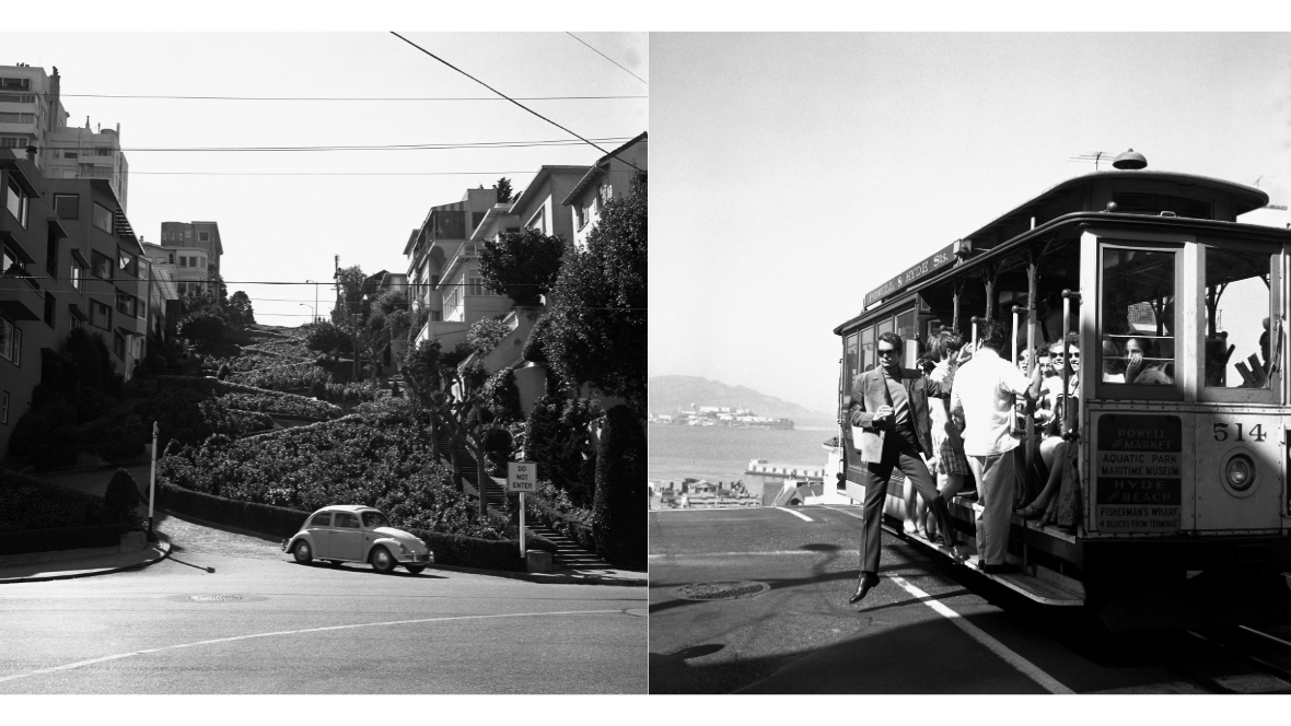Side-by-side black-and-white promotional images from the 1969 Disney film The Love Bug. On the left, star (and future Disney Legend) Dean Jones is seen as Jim Douglas, stepping off an iconic San Francisco streetcar, with the SF Bay seen in the background. On the right, Herbie the Love Bug is seen at the bottom of Lombard Street in San Francisco.