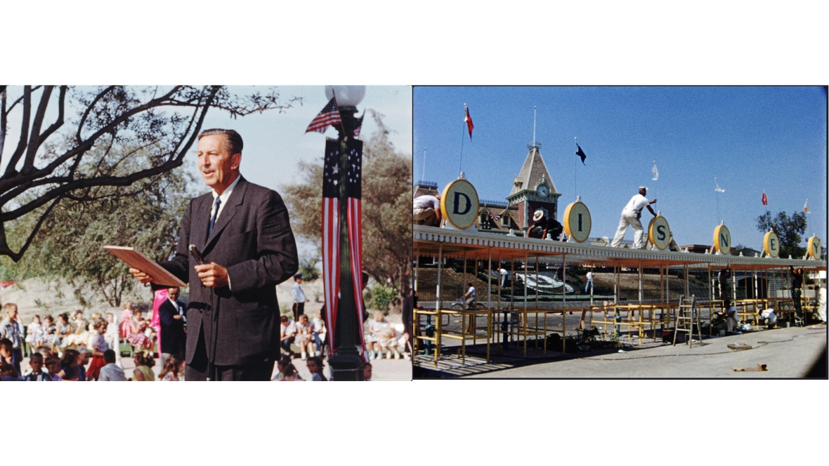 On the left, an image of Walt Disney speaking at the opening day of Disneyland Park in Anaheim, California, in 1955. On the right, how the front turnstile of the park looked on opening day.