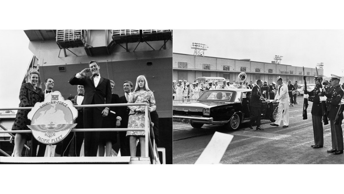 On the left, future Disney Legend Dick Van Dyke is surrounded by his Lt. Robin Crusoe USN costars on the deck of the USS Kitty Hawk during the film’s San Diego premiere in 1966. On the right, Walt Disney arrives in San Diego for the premiere; Navy servicemen welcome Walt as he steps out of the car.