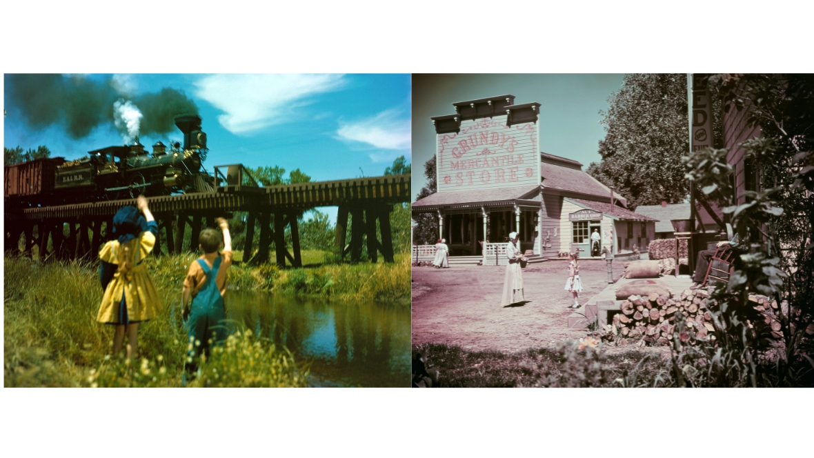 Side-by-side images from the 1949 Disney film So Dear to My Heart. On the left, two children are waving at a passing train that is up on trestle. On the right, people are milling around a building on which the sign reads “Grundy’s General Store.”