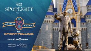 The Partners statue appears before Cinderella Castle in a D23 Spotlight Series promotional graphic for Magical 55 Years of Storytelling at Walt Disney World on October 4.