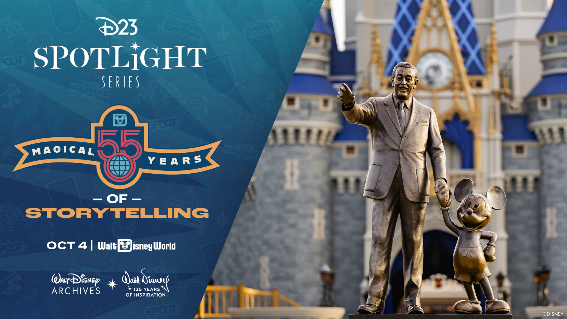 The Partners statue appears before Cinderella Castle in a D23 Spotlight Series promotional graphic for Magical 55 Years of Storytelling at Walt Disney World on October 4.