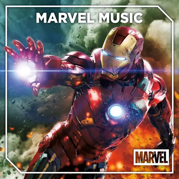 Iron Man extends an armored hand beneath the text &ldquo;MARVEL MUSIC&rdquo; in a Marvel promotional graphic.