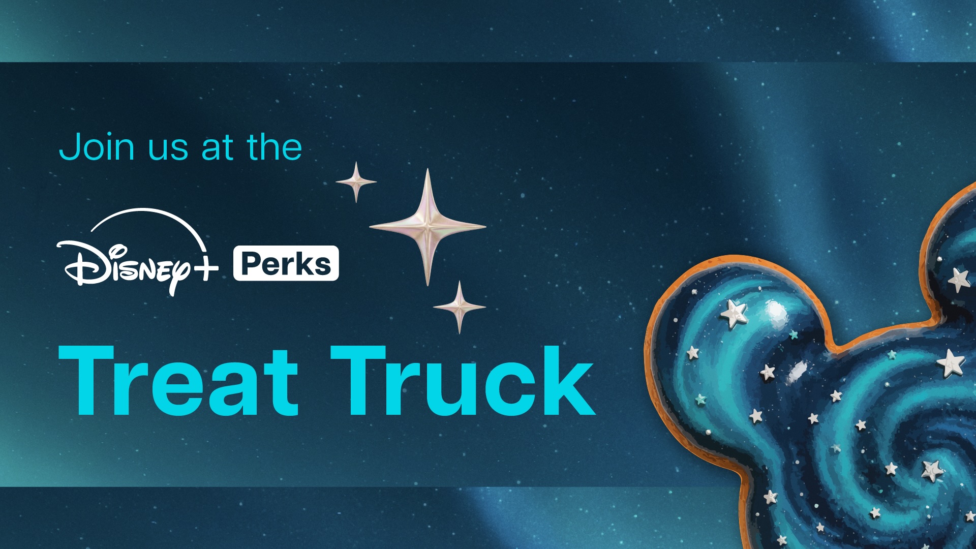 Disney+ Perks promotional graphic invites viewers to join the Treat Truck experience against a starry Mickey-shaped background.