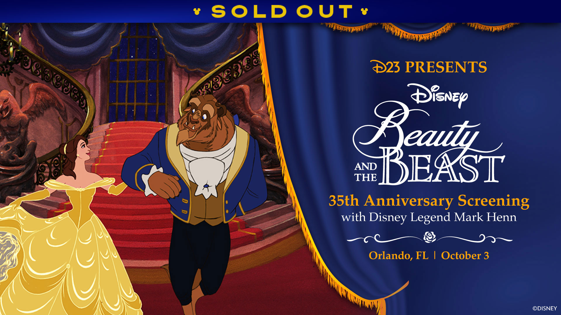 Belle and Beast stand on a grand staircase in Disney