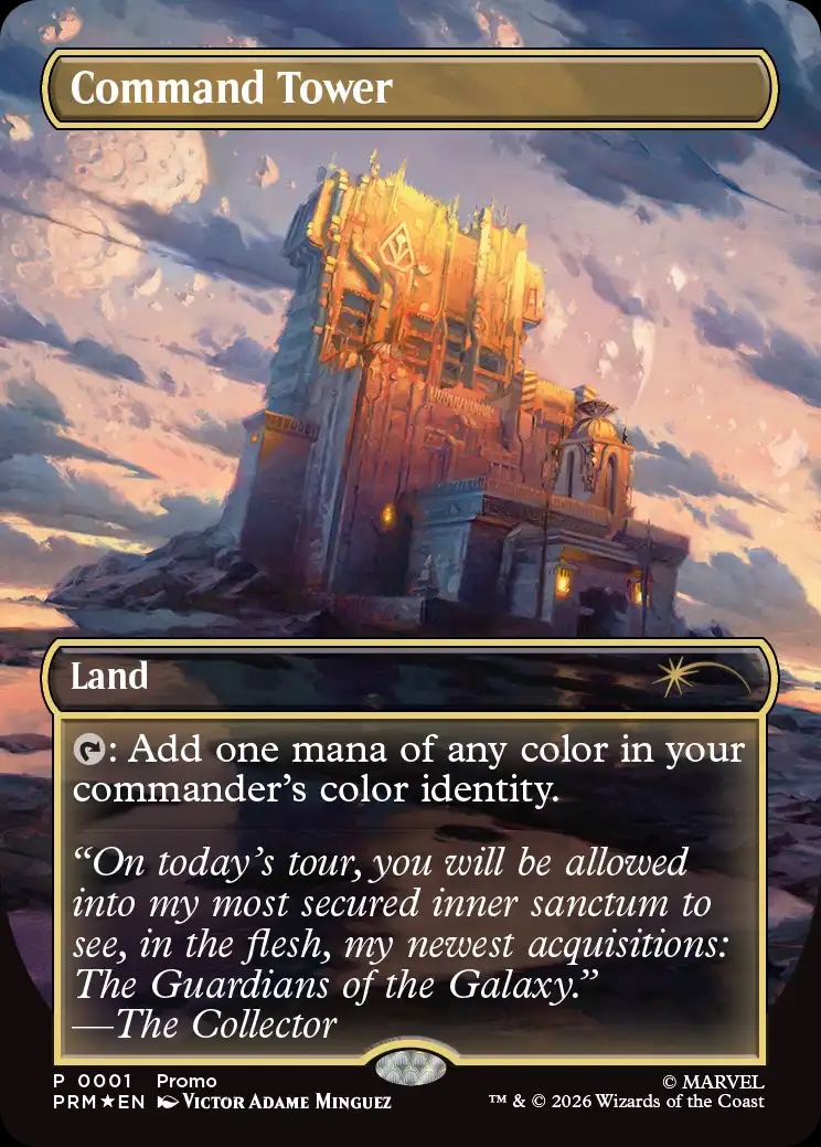 Magic: The Gathering Marvel promo Command Tower card featuring custom artwork and game text inspired by Guardians of the Galaxy.