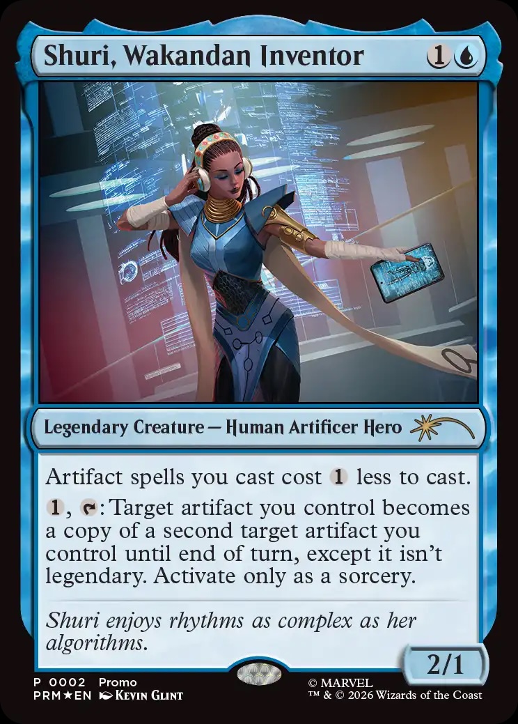 Magic: The Gathering Marvel promo card featuring Shuri, Wakandan Inventor, displayed with character artwork and gameplay text.