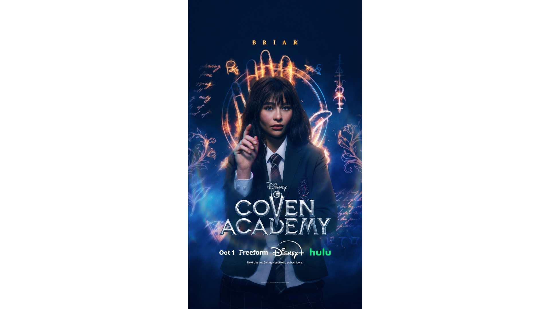 A promotional image for the new Disney series Coven Academy, highlighting Briar (Malina Weissman).