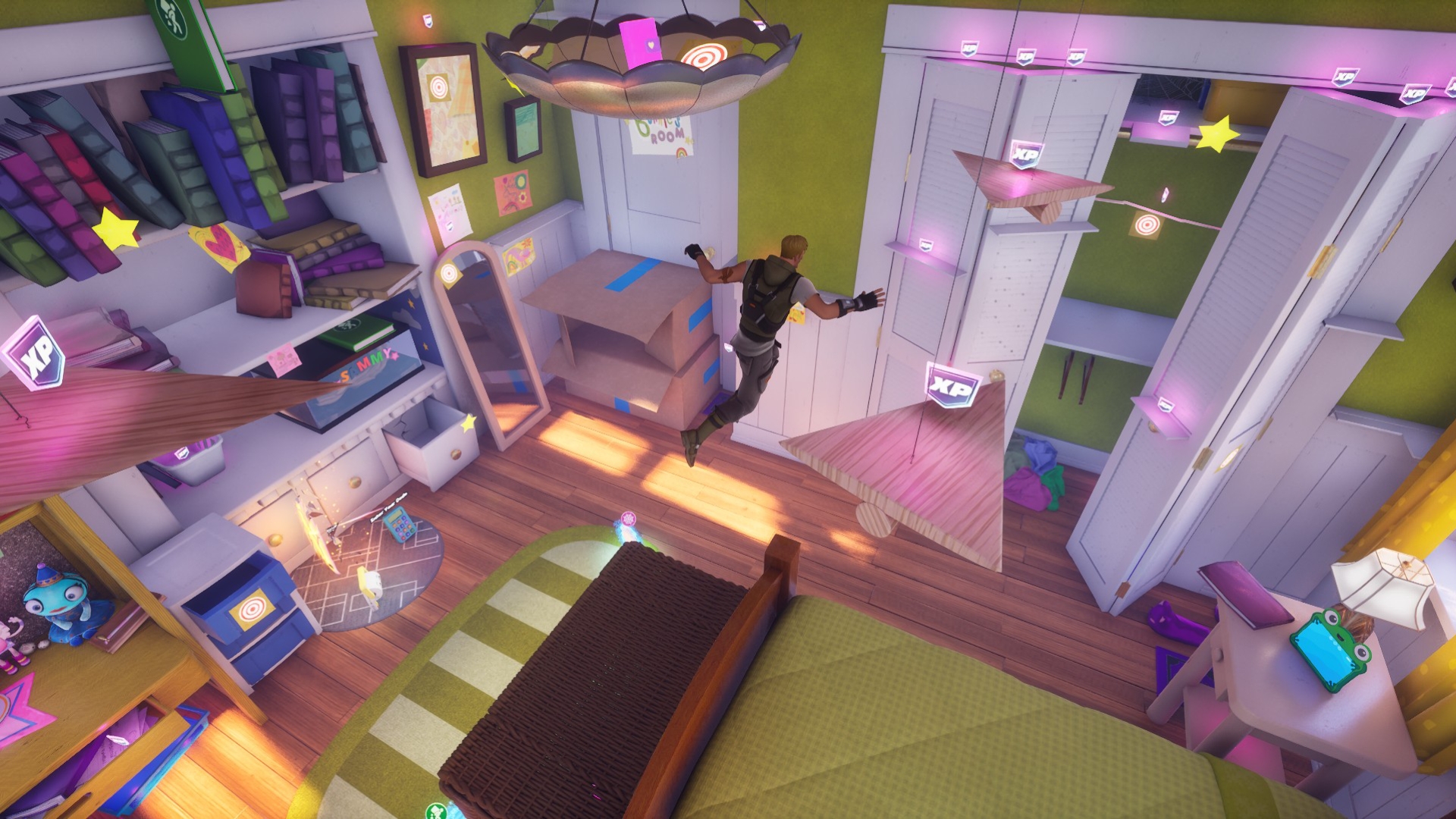 A gameplay screenshot of a Fortnite character in Bonnie's room. 