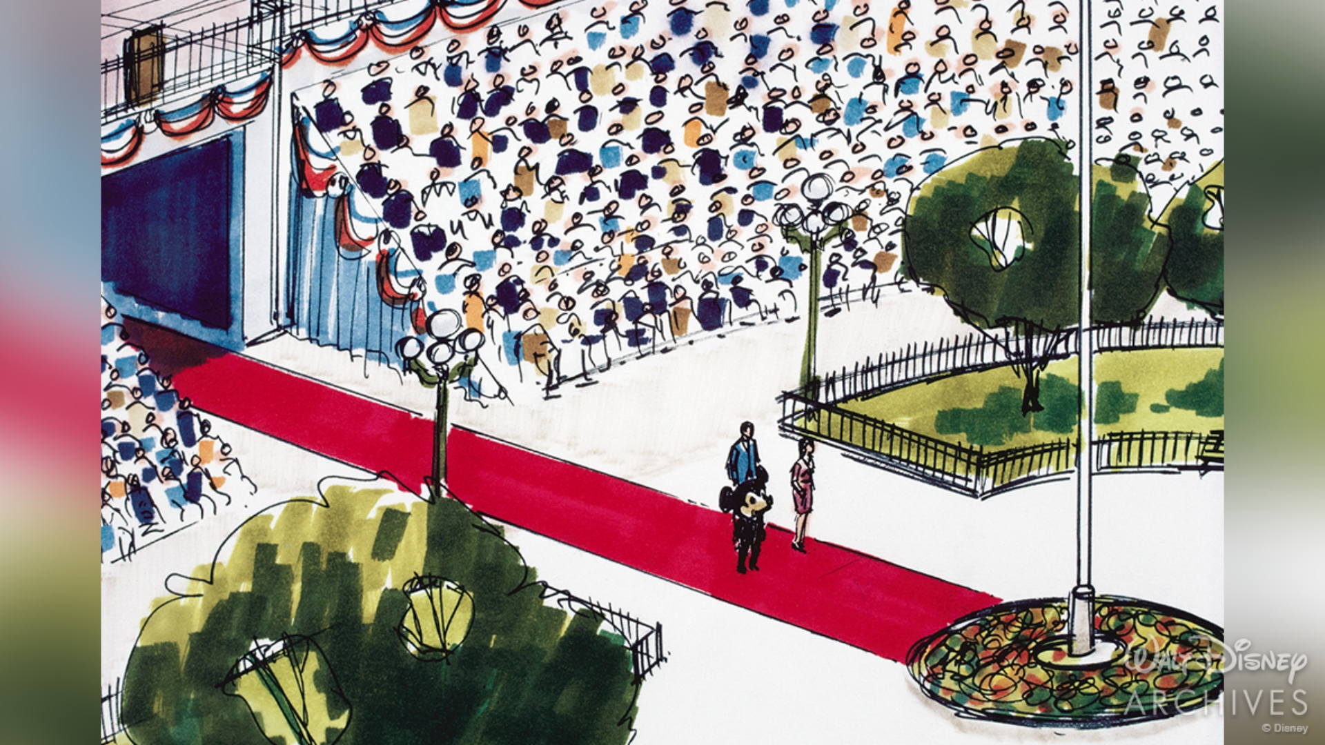Concept art for Grand Opening Dedication Ceremony of Walt Disney World. A red carpet slices through the middle of the image from the Main Street Train Station to the Town Square flagpole. A crowd sits in circular bleachers as Mickey Mouse and two figures stand in front of the flagpole. 