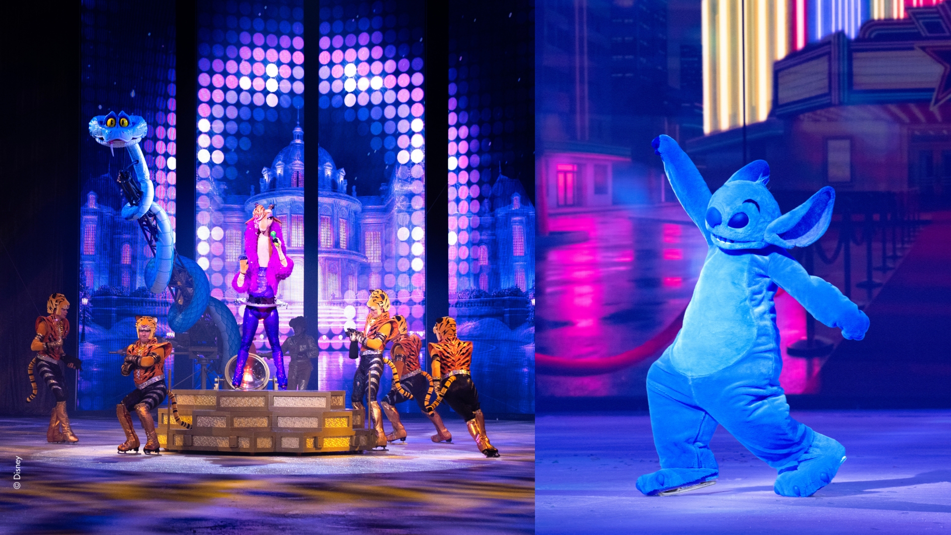 On the left, Gary De&rsquo;Snake is seen to the left of Gazelle and her entourage during Disney On Ice&rsquo;s Spotlight Magic! performance inspired by Zootopia 2. On the right, Stitch glides across the ice with one arm raised during a Disney On Ice performance inspired Disney's Lilo & Stitch.