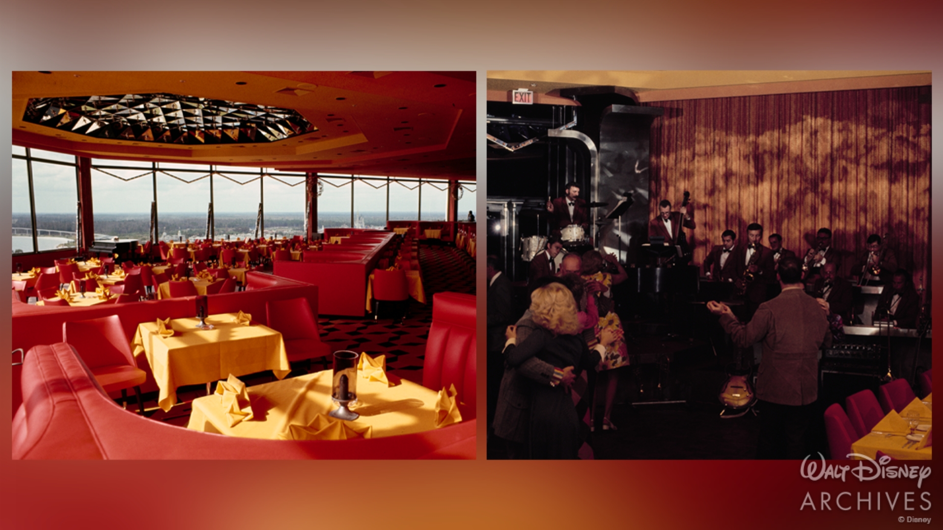 Two images of the Top of the World nightclub/restaurant at Disney&rsquo;s Contemporary Resort. On the left is a daytime look at the main dining room; the booths and chairs are a bright red while the tablecloths and napkins are a mustard yellow. Through the windows in the distance, Cinderella Castle and a portion of Magic Kingdom Park are in view. The image on the right is a nighttime look at the restaurant, with guests dancing while a band plays in the background. 