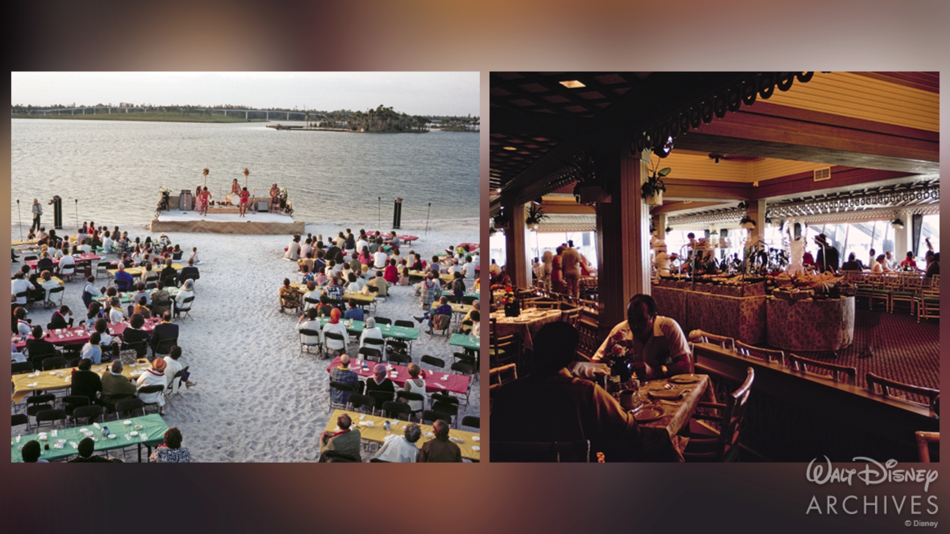 Two images of Disney&rsquo;s Polynesian Resort. On the left are featured the white sandy beaches of the Seven Seas Lagoon, with guests watch the Polynesian Revue Luau from red, green, and yellow picnic tables, as the performers&rsquo; stage is half on the water and the shore. The right image is an interior shot of the Papeete Bay Verandah, where guests dine on chairs designed to look like bamboo and with tables placed in an oval layout to allow for a buffet of food in the middle of the room. Large windows on the edge of the restaurant give guests a view of the resort and Seven Seas Lagoon. 