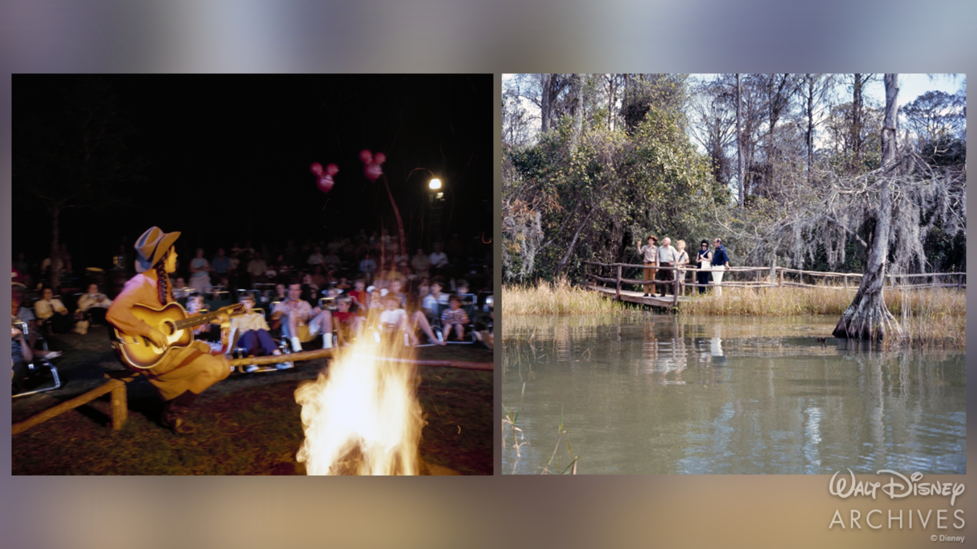 Two images showcase recreational activities at Fort Wilderness. In the image on the left, a female Cast Member leads guests in a campfire sing-along. Guests sit in low lawn chairs, and two red Mickey Mouse-shaped balloons can be seen in the crowd. In the image on the right, four guests on a wooden bridge admire natural Florida fauna while a Cast Member appears to be educating guests on the surrounding nature. Trees with Spanish moss and sawgrass fill the area.