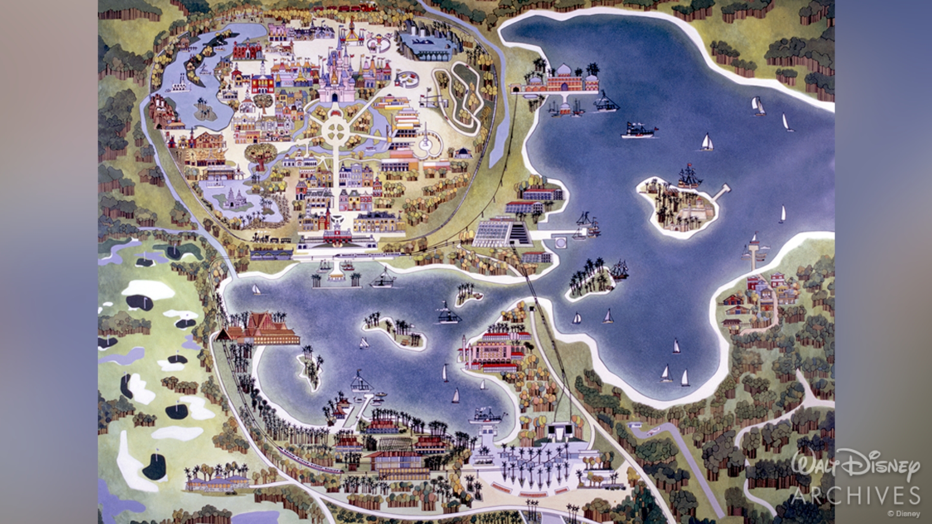 The top left corner of an illustrated map of Walt Disney World features the layout of the Magic Kingdom. Moving downward, a proposed Asian themed resort is located where Disney&rsquo;s Grand Floridian Resort & Spa would later be built. To the west is the site of a golf resort. Moving counterclockwise are depictions of the Polynesian Village Resort and the Transportation and Ticket Center. In the center of the image, a proposed Venetian Resort appears along the Seven Seas Lagoon, with the A-frame Contemporary Resort featured just north of it. On the top right side of the map, a proposed Persian Resort sits between the Magic Kingdom and the shores of another body of water, Bay Lake. On the opposite side of the lake, Disney&rsquo;s Fort Wilderness Resort & Campground is nestled along a beach and surrounded by trees, while an island is spotted in the middle of Bay Lake.