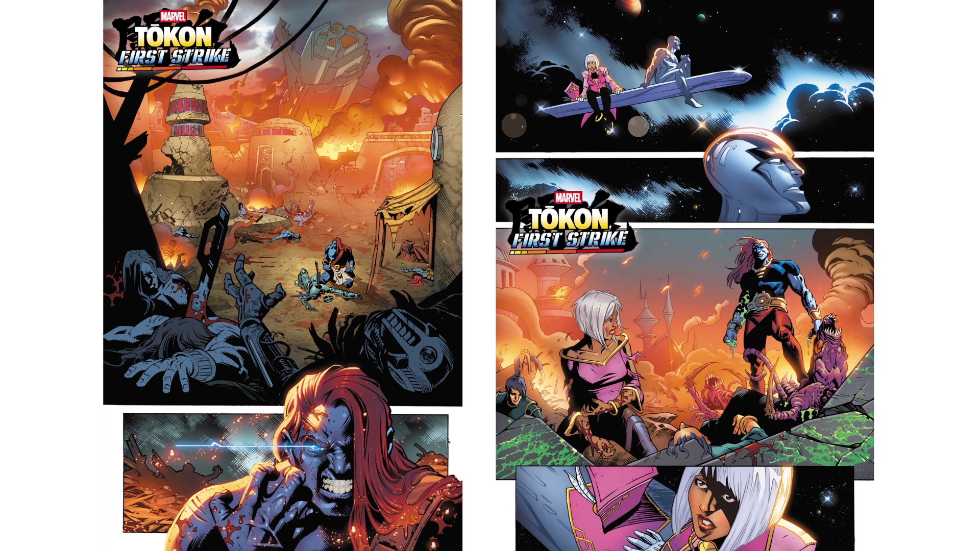 On the left, a character kneels amid a devastated city as fires burn and rubble surrounds the battlefield in Marvel Tokon First Strike. On the right, characters travel through space before arriving at a ruined city where survivors and monsters remain after battle in Marvel Tokon First Strike.