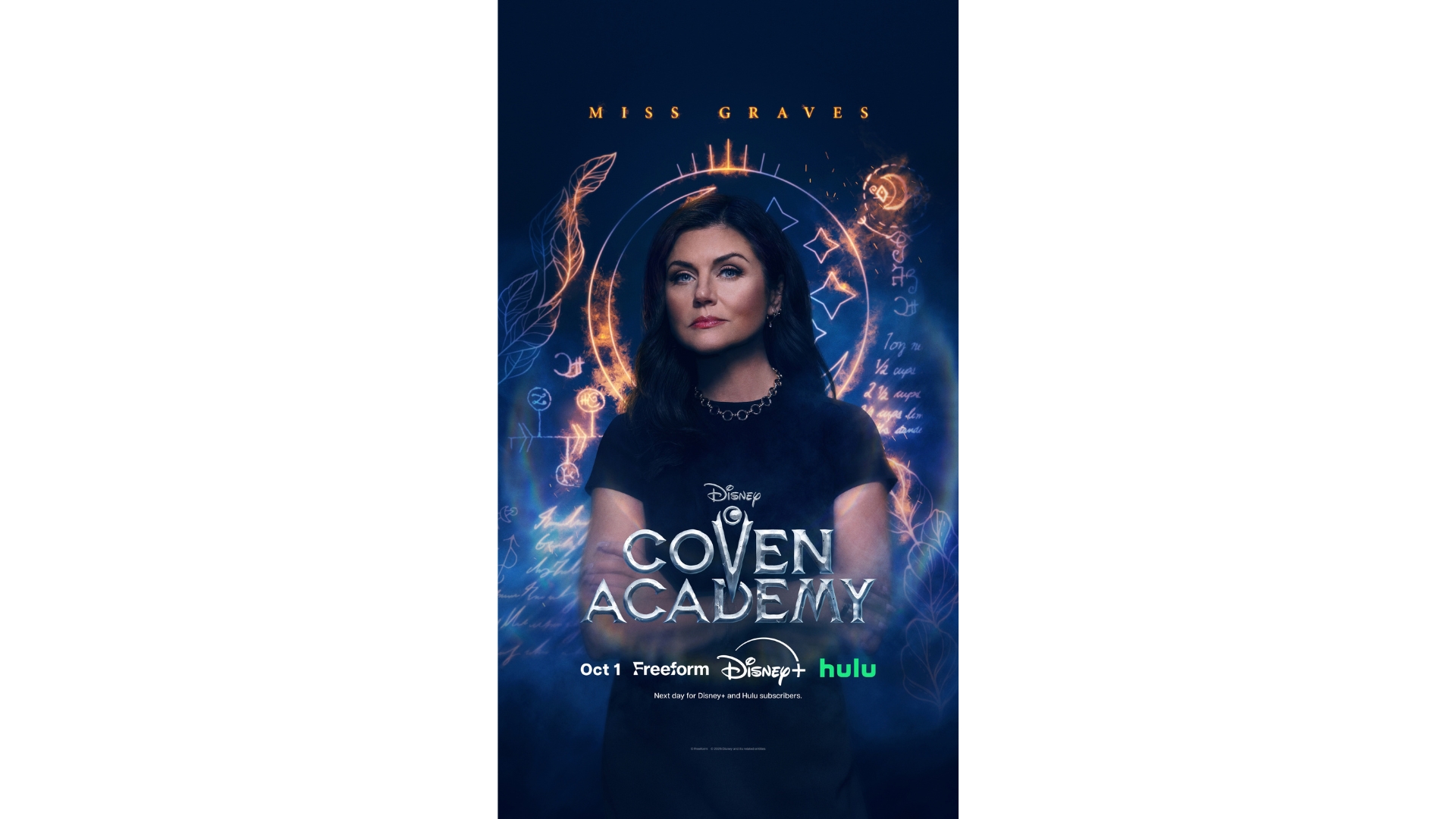 A promotional image for the new Disney series Coven Academy, highlighting Miss Graves (Tiffani Thiessen).