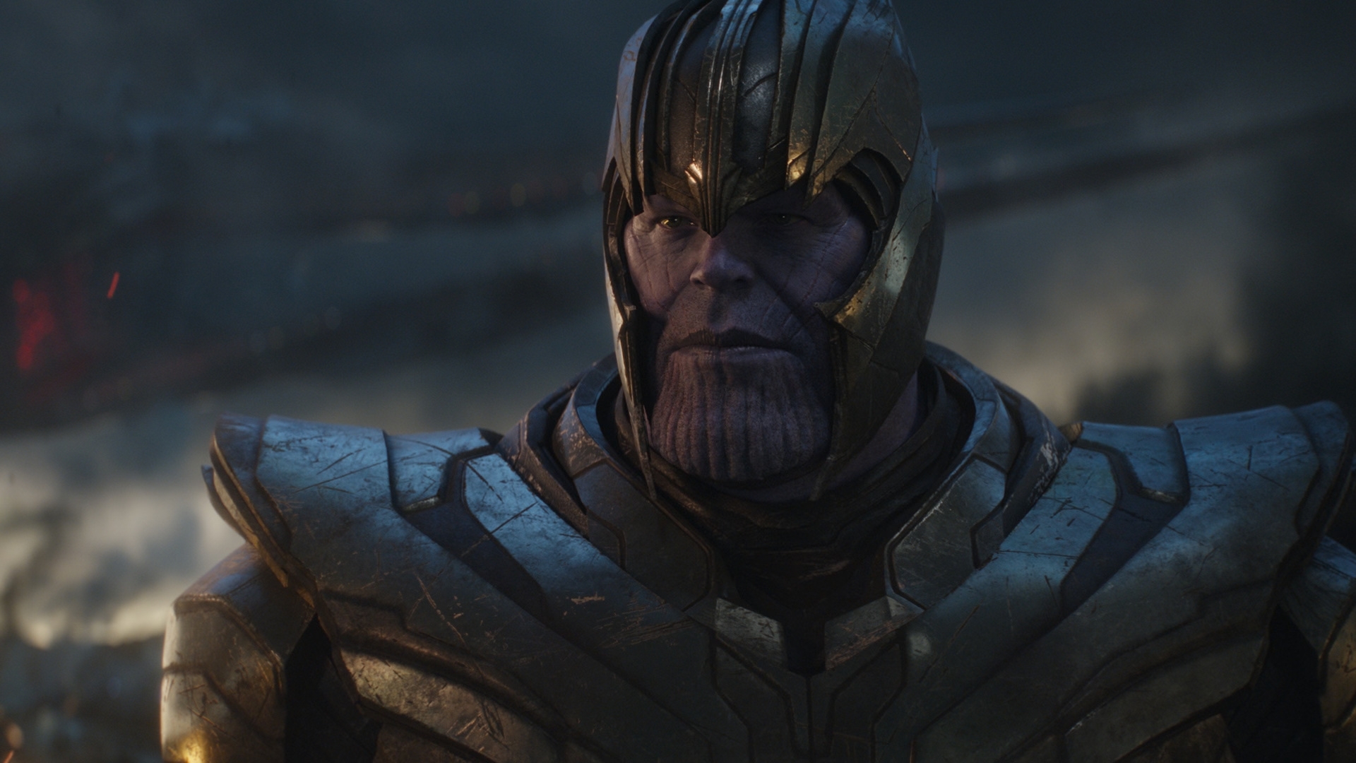 A closeup of Thanos, played by Josh Brolin, in Avengers Endgame: Encore