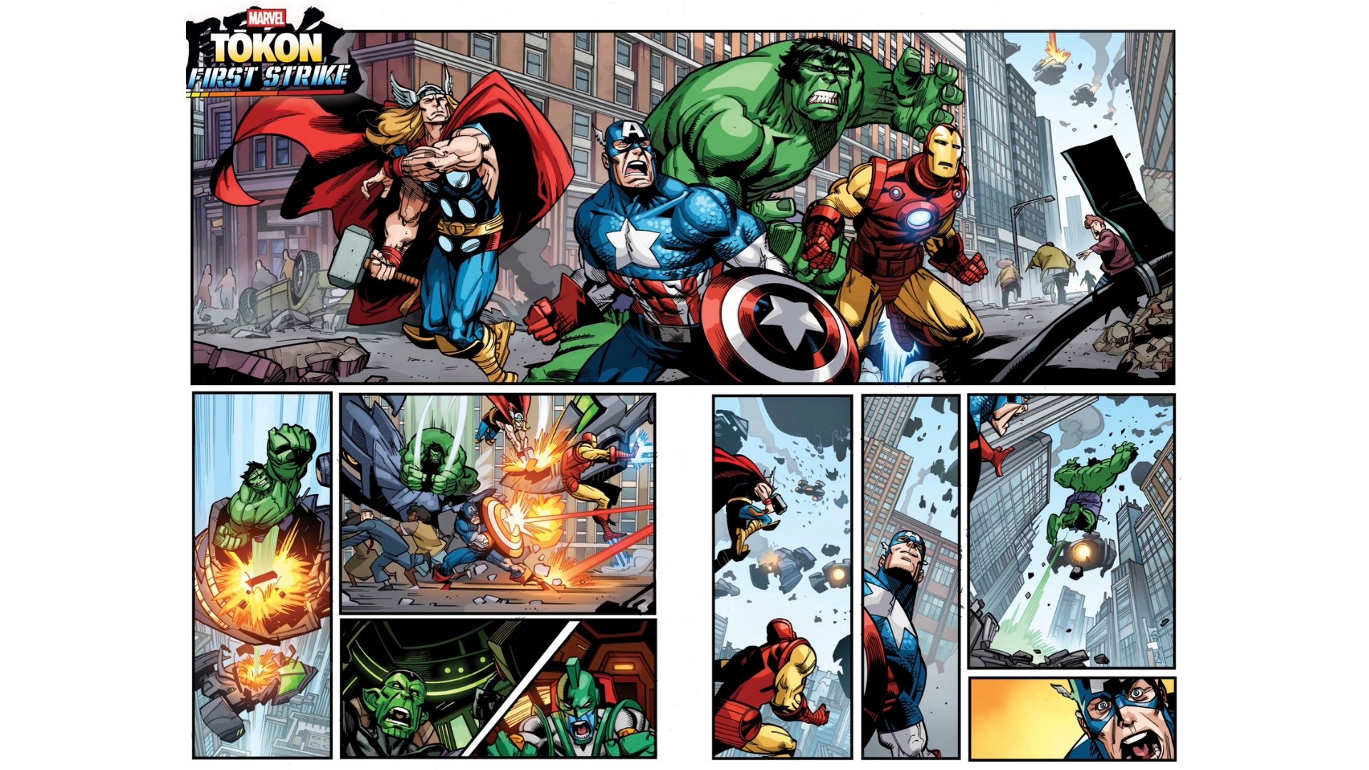 Thor, Captain America, Hulk, and Iron Man charge through a damaged city while battling enemies in Marvel Tokon First Strike.