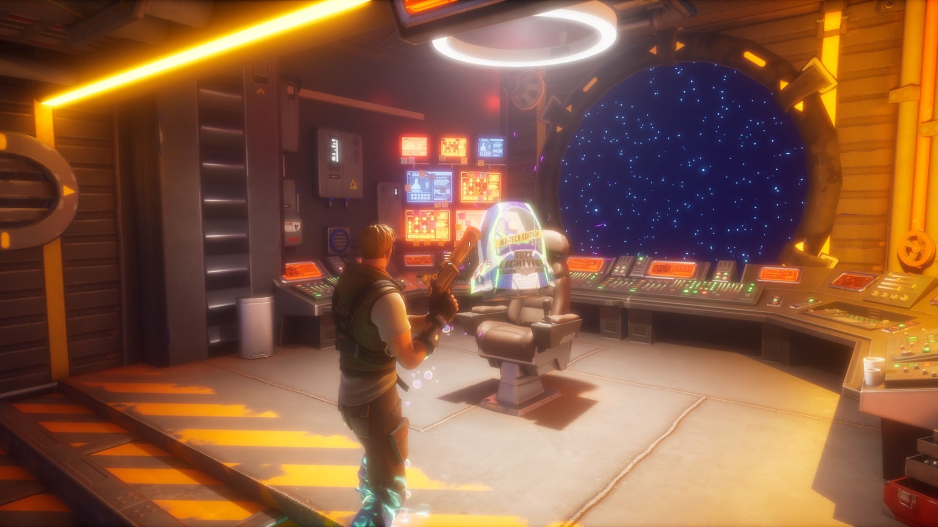 Gameplay of a Fortnite character in a Toy Story scene. 