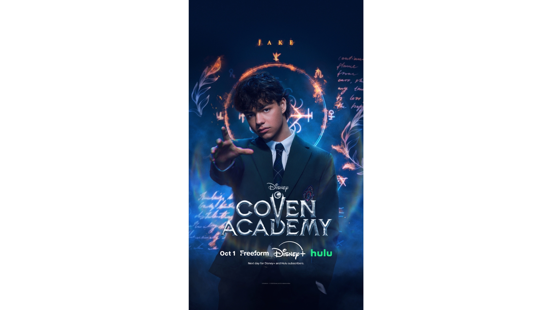 A promotional image for the new Disney series Coven Academy, highlighting Jake (Malachi Barton).