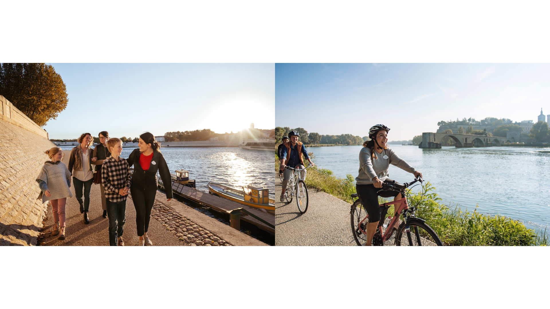 Two side-by-side promotional images for Adventures by Disney. On the left, an Adventure Guide walks with visitors along the Rh&ocirc;ne riverbank beside moored boats during sunset. On the right, an Adventure Guide and other cyclists ride along a riverside path with a historic stone bridge spanning the Rh&ocirc;ne River.