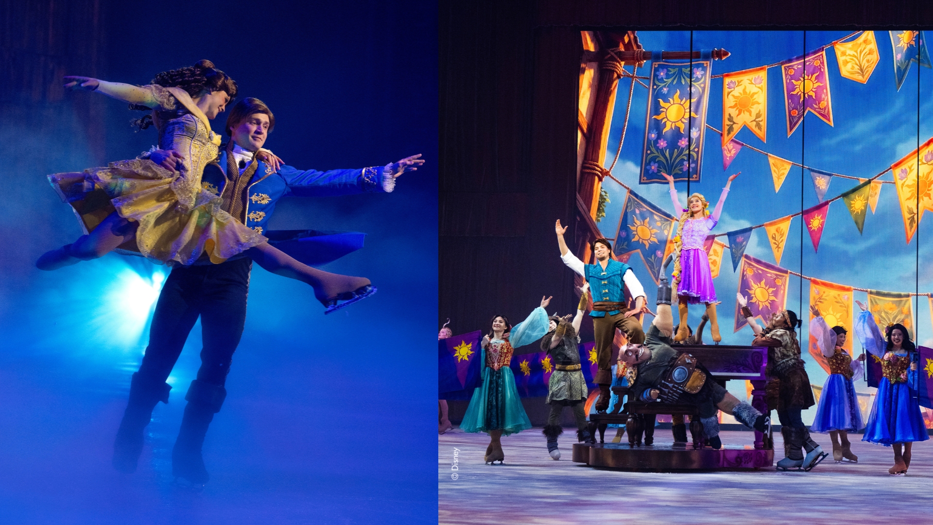 On the left, Belle and the Beast skate together in a dramatic lift during Disney On Ice&rsquo;s Spotlight Magic! On the right, Rapunzel and Flynn Rider celebrate with village performers during a Disney On Ice scene from Disney's Tangled.