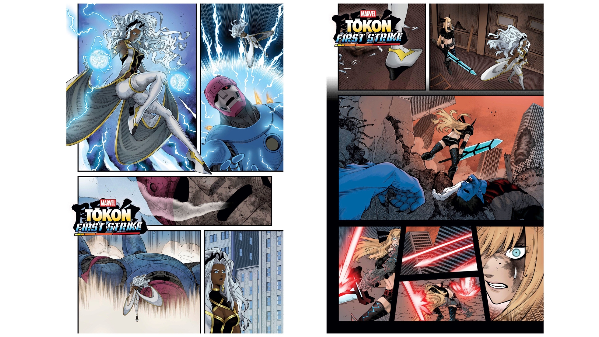 On the left, Storm unleashes lightning against a towering robotic opponent before surveying the wreckage in a city setting in Marvel Tokon First Strike. On the right, Magik advances through a ruined city with sword drawn as energy blasts streak across the battlefield in Marvel Tokon First Strike.
