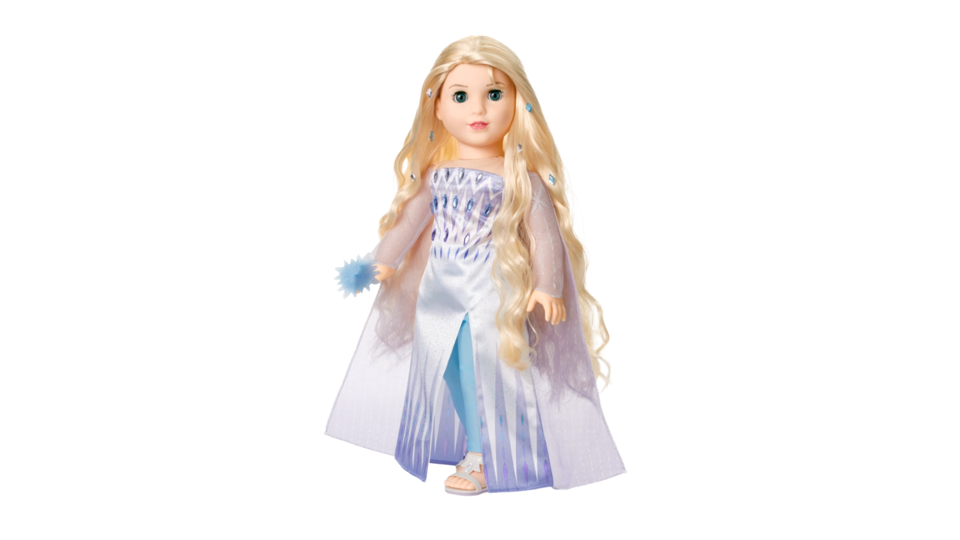 American Girl Elsa doll wearing a shimmering icy-blue and lavender outfit with long blonde hair and a translucent cape against a plain light background.