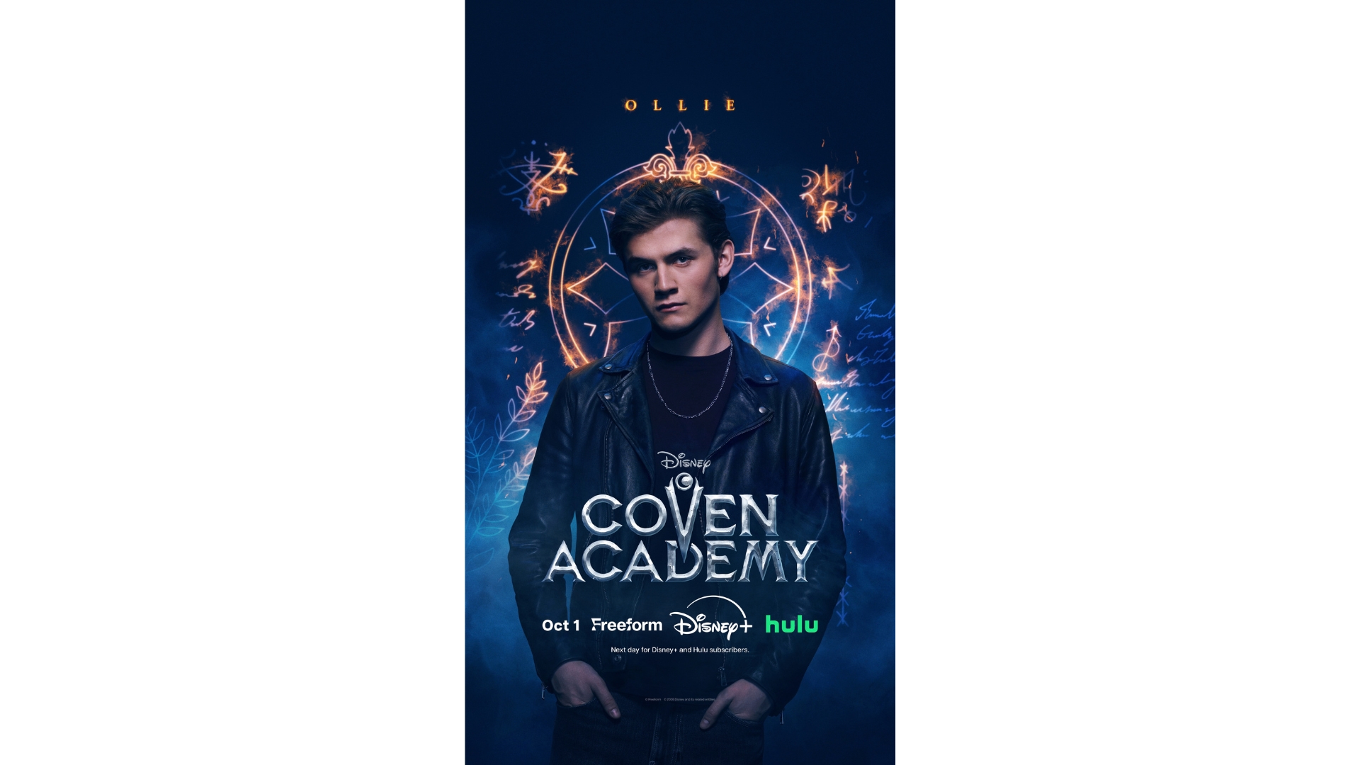 A promotional image for the new Disney series Coven Academy, highlighting Ollie (Louis Thresher).