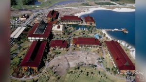 An aerial view of Disney&rsquo;s Polynesian Village Resort, featuring all eight longhouses, the Great Ceremonial House, the marina, pool, and Monorail station. The resort&rsquo;s longhouses are enhanced by high‐peaked, rust‐colored roofs.