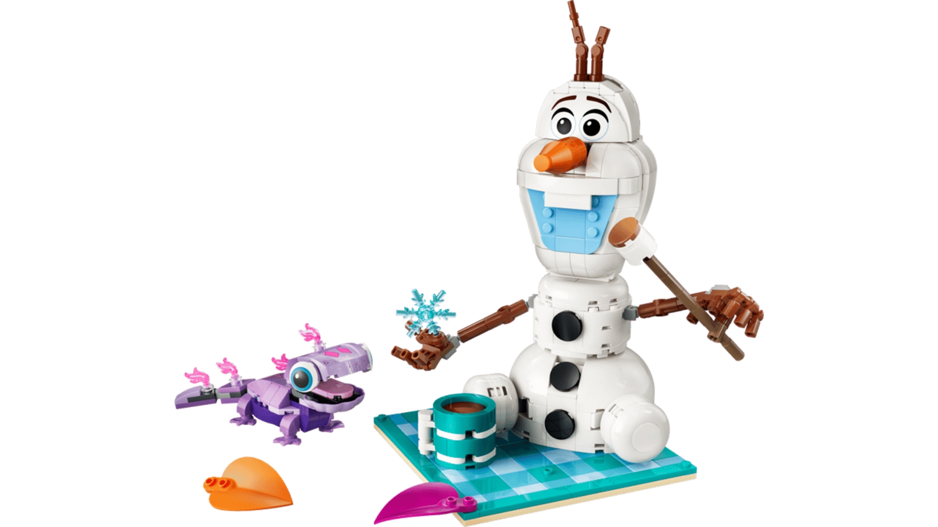 Buildable LEGO Olaf snowman figure with a small purple salamander companion and accessories on a display base.