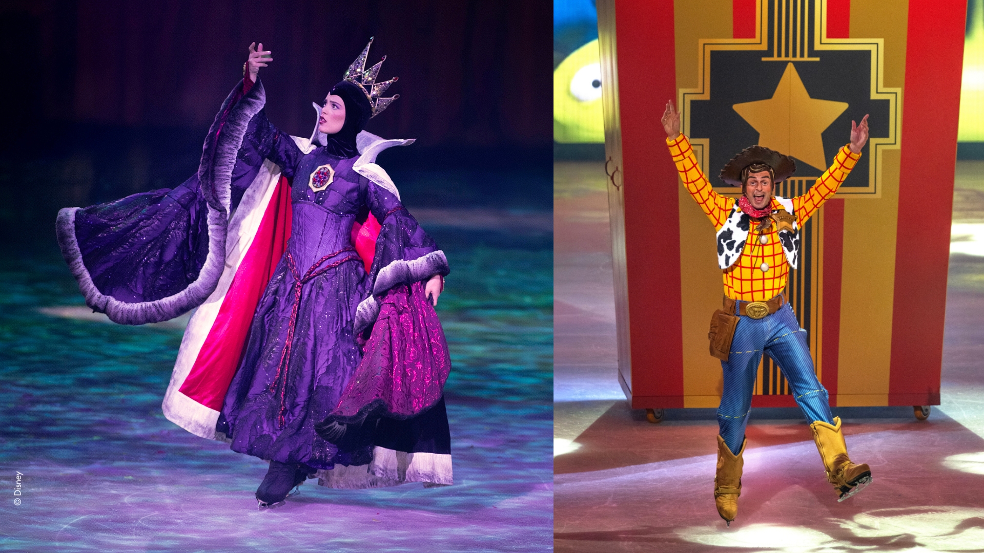 On the left, the Evil Queen skates across the ice in regal attire during a Disney On Ice performance of Snow White and the Seven Dwarfs. On the right, Woody skates in front of a large carnival-style set during Disney On Ice&rsquo;s Spotlight Magic!, featuring Disney and Pixar's Toy Story.