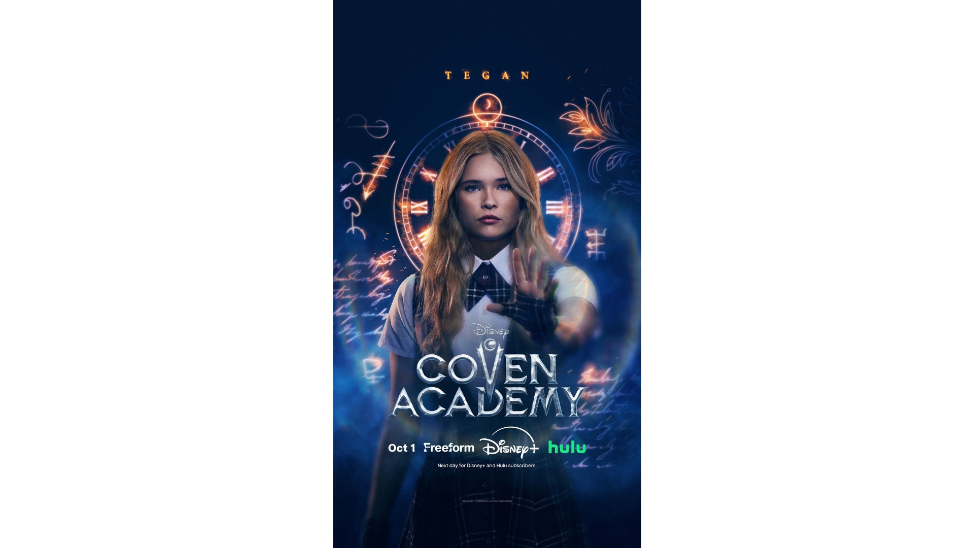 A promotional image for the new Disney series Coven Academy, highlighting Tegan (Ora Duplass).