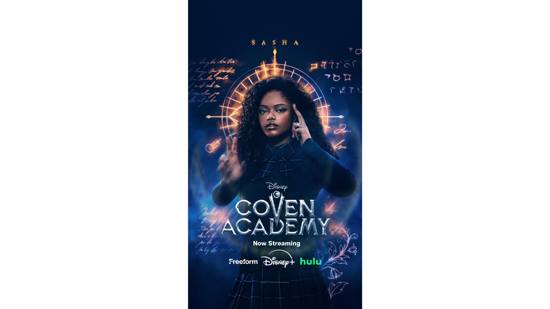 A promotional image for the new Disney series Coven Academy, highlighting Sasha (Jordan Leftwich).