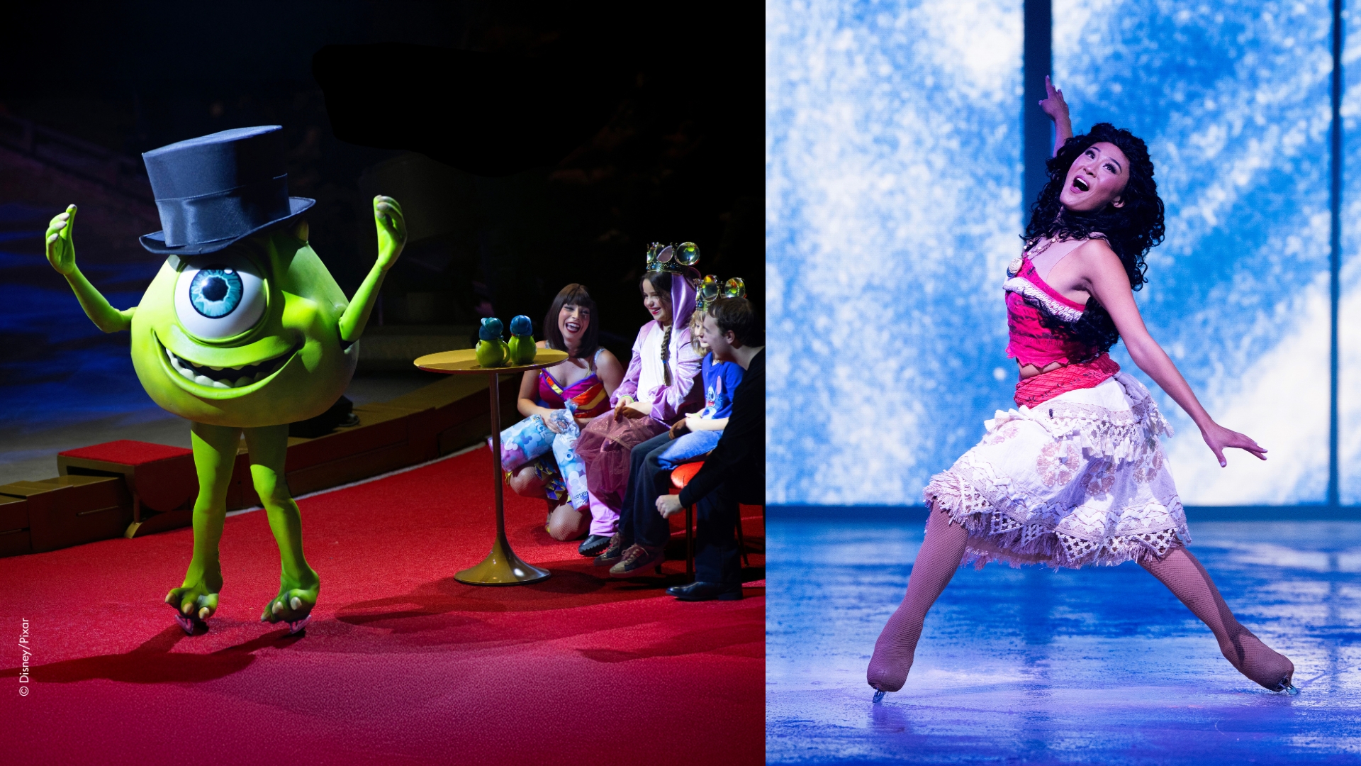 On the left, Mike Wazowski greets the audience beside the rink during Disney On Ice&rsquo;s Spotlight Magic!, in a performance inspired by Disney and Pixar's Monsters, Inc. On the right, Moana glides across the ice with arms extended during a Disney On Ice performance based on Disney's Moana.