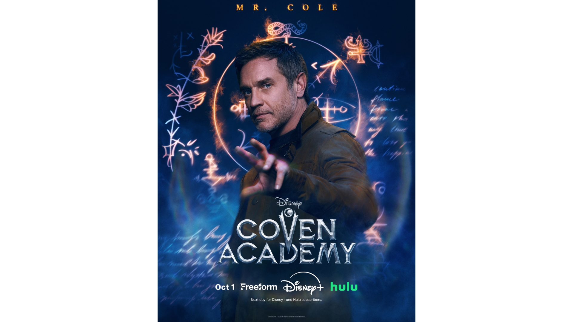 A promotional image for the new Disney series Coven Academy, highlighting Mr. Cole (Devon Sawa).