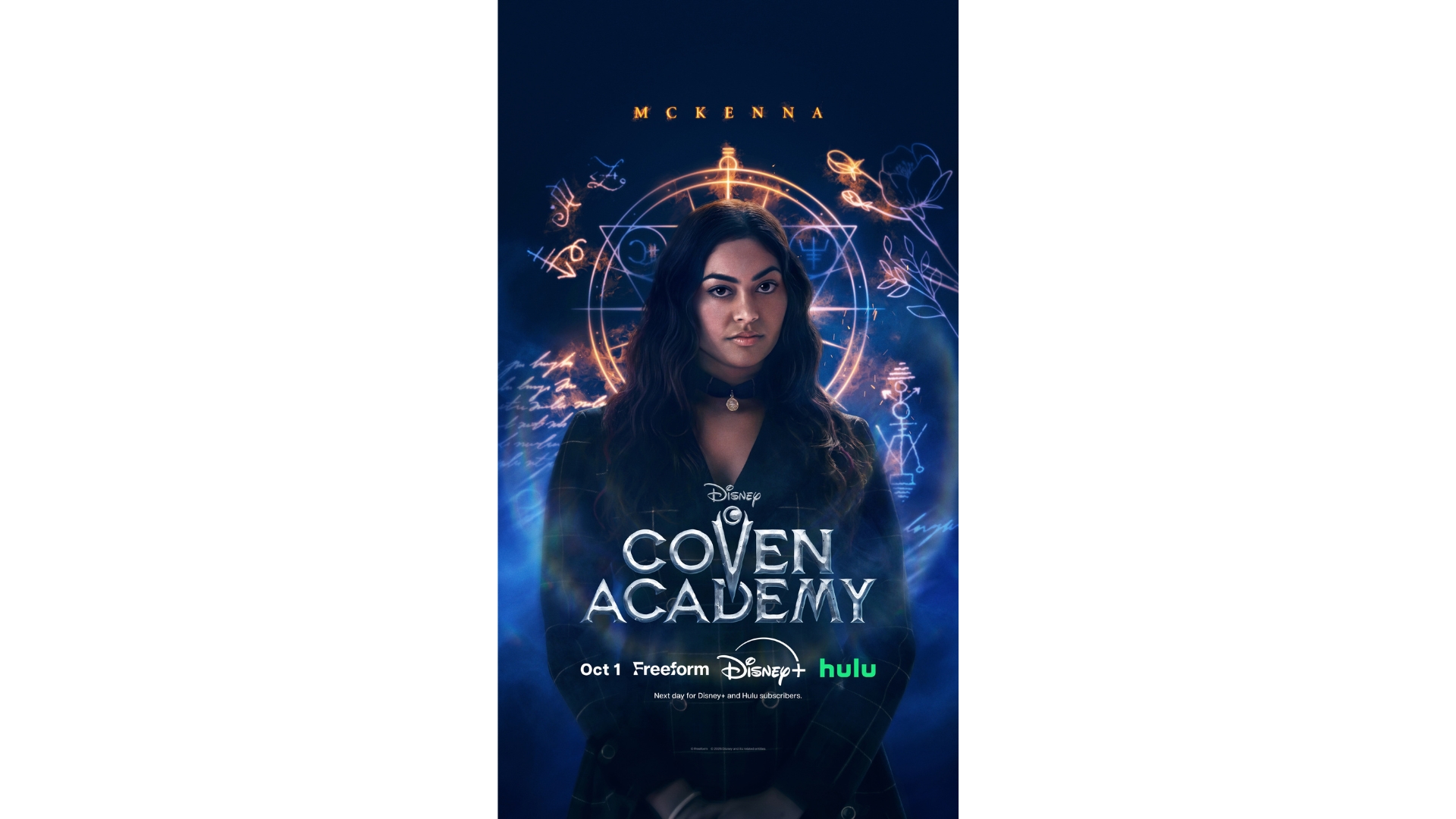 A promotional image for the new Disney series Coven Academy, highlighting McKenna (Swayam Bhatia).