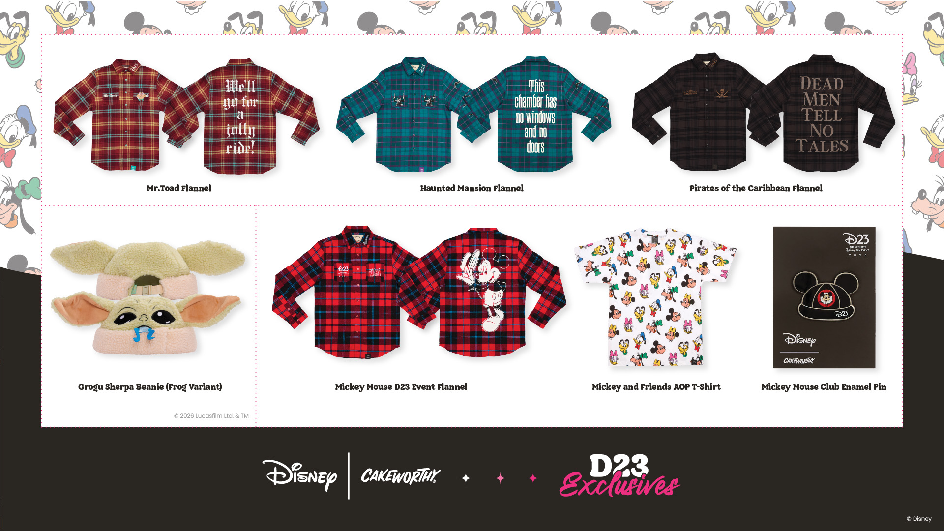 D23-exclusive Disney apparel, accessories, and collectibles from Cakeworthy.