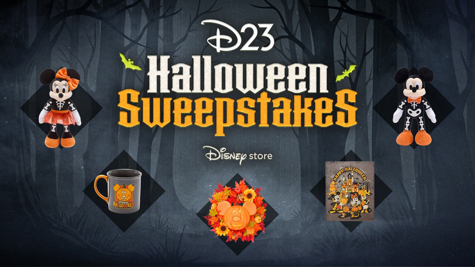 Disney Store Halloween-themed merchandise surrounds the text &ldquo;D23 Halloween Sweepstakes&rdquo; against a dark forest background with bats.